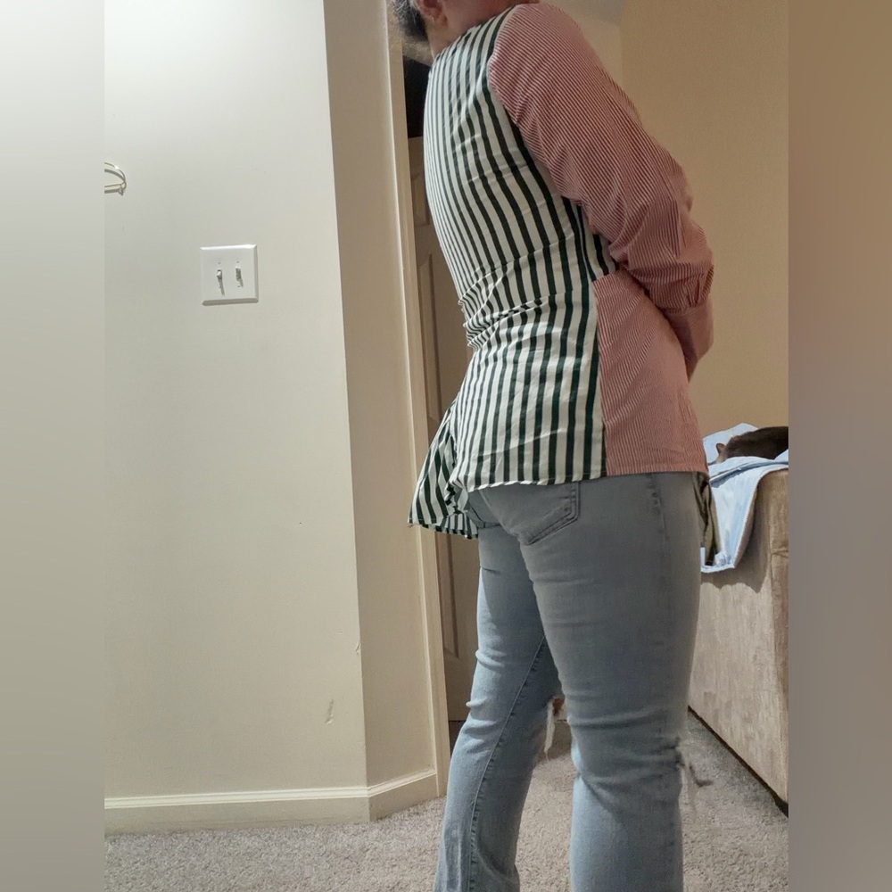 Striped Patchwork Button-Down Blouse In Pink And … - image 6